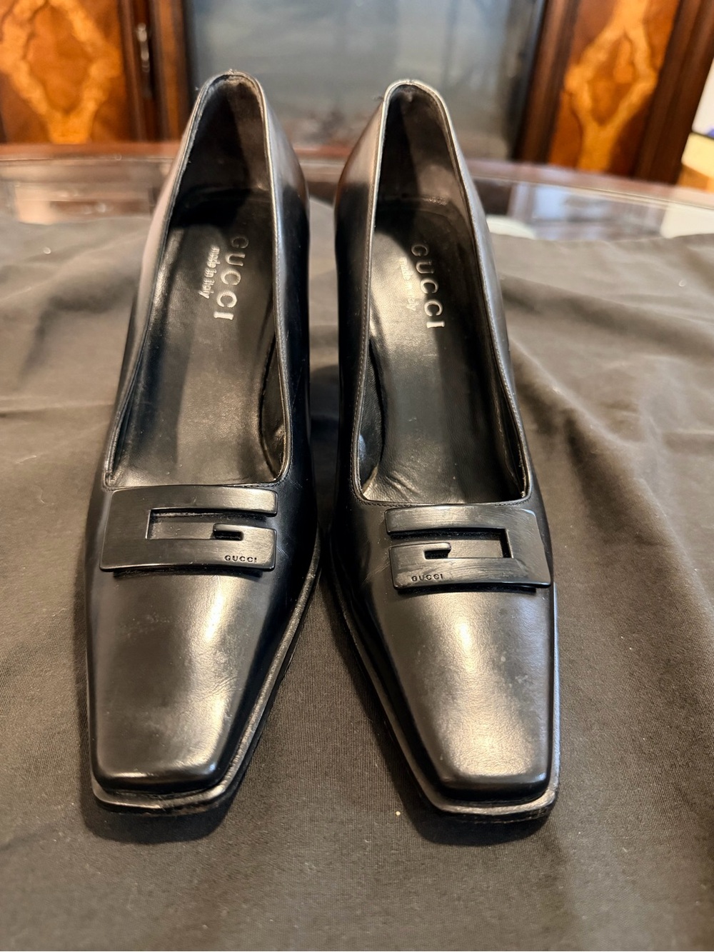 Gucci Black Leather Square-Toe Flats with Branded Vamp